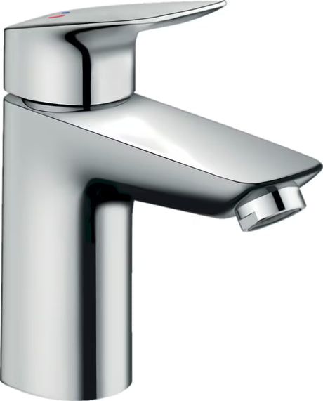 Chromowana jednouchwytowa bateria umywalkowa hansgrohe Logis 100 CoolStart z odpływem i ergonomiczną dźwignią.