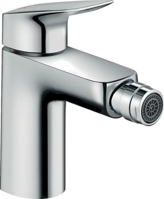Chromowana jednouchwytowa bateria bidetowa hansgrohe Logis 100 z odpływem i wzornictwem SoftCube.