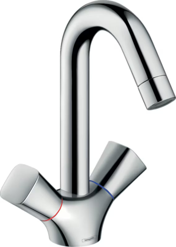 Chromowana bateria z kurkami bateria umywalkowa hansgrohe Logis 150 z obrotową wylewką i korkiem z cięgłem
