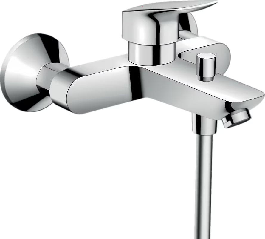 Chromowana ścienna bateria wannowa hansgrohe Logis z dźwignią i przełącznikiem wanna/prysznic