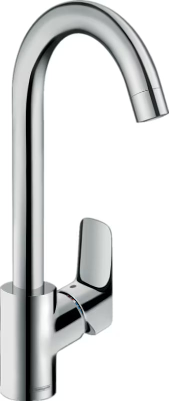 Chromowana jednouchwytowa bateria zlewozmywakowa Hansgrohe Logis M31 z obrotowym ramieniem i ComfortZone 260.