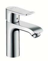 Chromowana jednouchwytowa bateria umywalkowa hansgrohe Metris 110 z odpływem z technologią EcoSmart