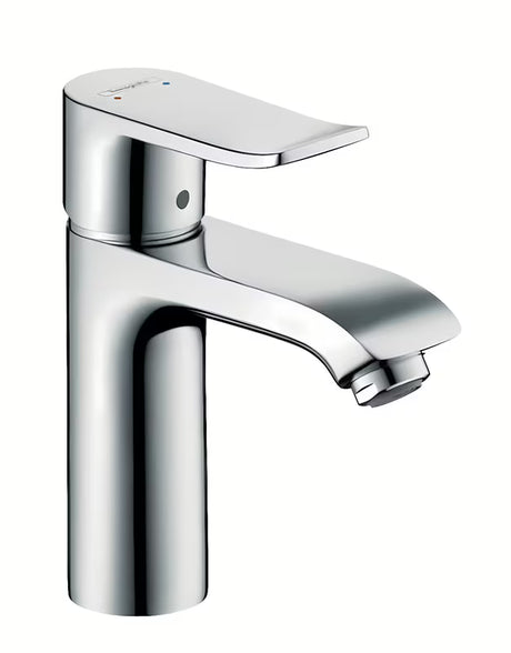 Chromowana jednouchwytowa bateria umywalkowa hansgrohe Metris 110 z odpływem z technologią EcoSmart