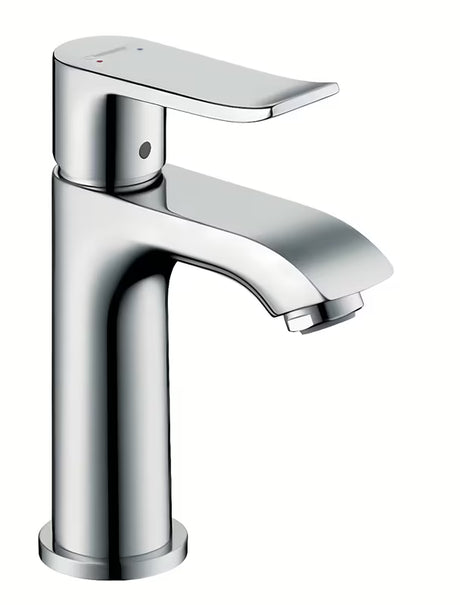 Chromowana jednouchwytowa bateria umywalkowa Hansgrohe Metris bez odpływu z technologią EcoSmart i QuickClean.