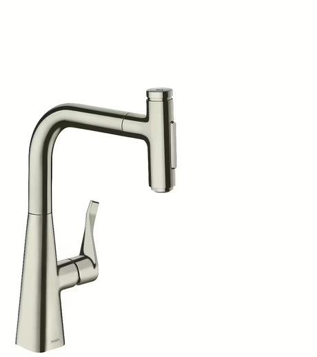Hansgrohe Metris bateria zlewozmywakowa z wyciąganą wylewką w wykończeniu stal nierdzewna