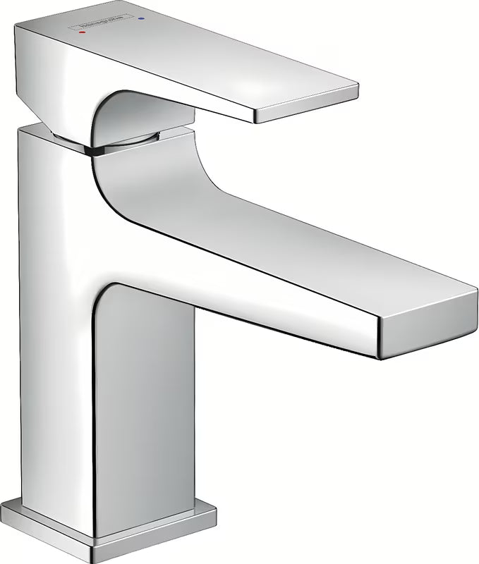 Chromowana jednouchwytowa bateria umywalkowa Hansgrohe Metropol z korkiem push-open i kwadratowym wzornictwem.