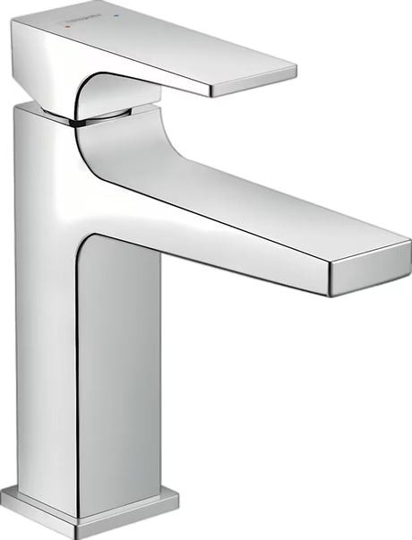 Chromowana jednouchwytowa bateria umywalkowa Hansgrohe Metropol z odpływem o kanciastym wzornictwie