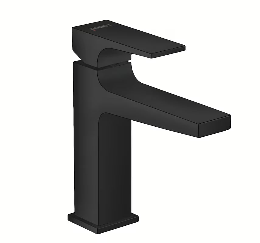 Matowoczarna jednouchwytowa bateria umywalkowa Hansgrohe Metropol 110 z korkiem push-open