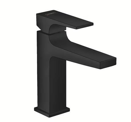 Matowoczarna jednouchwytowa bateria umywalkowa Hansgrohe Metropol 110 z korkiem push-open