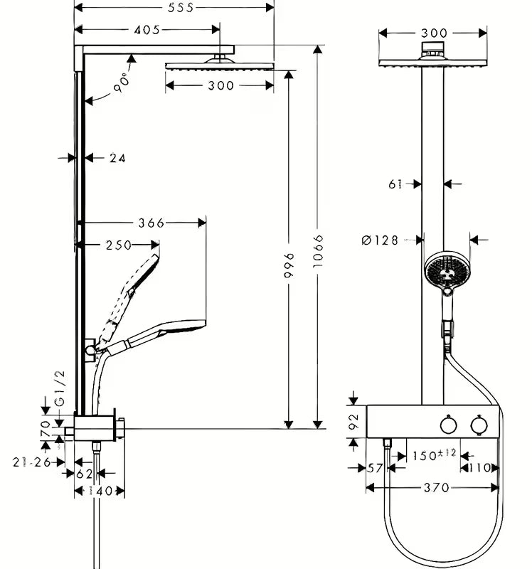 Hansgrohe Raindance E system prysznicowy z termostatem, chrom, z deszczownicą 300 × 300 mm i słuchawką prysznicową