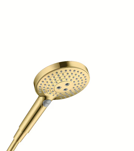 Słuchawka prysznicowa Hansgrohe Raindance Select w wykończeniu polerowane złoto, średnica 125 mm, 3 strumienie i przycisk Select