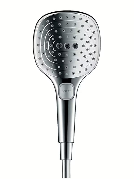 Chromowana słuchawka prysznicowa Hansgrohe Raindance Select E 120 z trzema strumieniami i przyciskiem Select