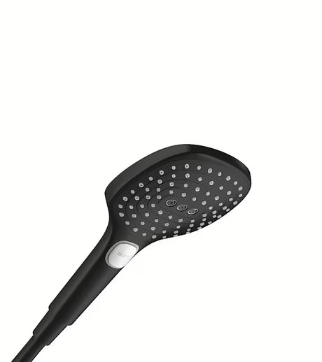 Słuchawka prysznicowa słuchawka prysznicowa hansgrohe Raindance Select E 120 w matowej czerni z trzema rodzajami strumienia.