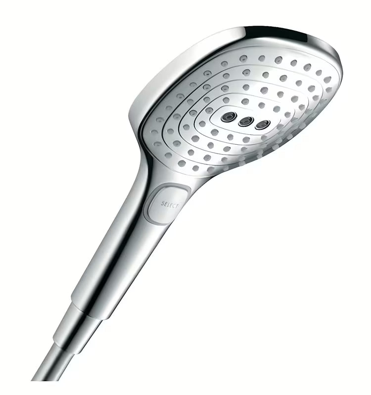 Chromowana słuchawka prysznicowa Hansgrohe Raindance Select E o średnicy 120 mm z przyciskiem Select