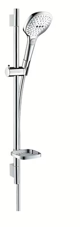 Hansgrohe Raindance Select E zestaw prysznicowy w chromie ze słuchawką prysznicową, drążkiem, wężem i mydelniczką.