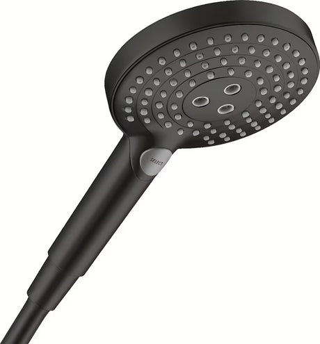 Czarna matowa słuchawka prysznicowa Hansgrohe Raindance Select S z przyciskiem Select z trzema strumieniami