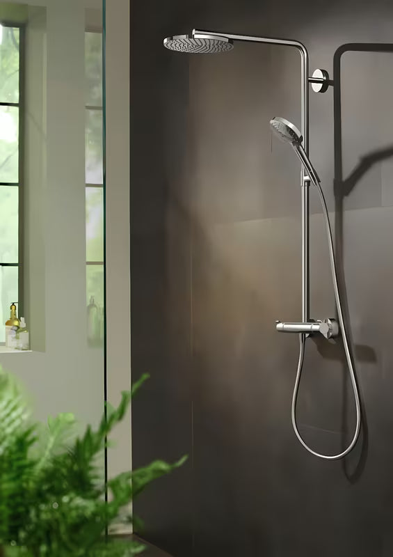 Hansgrohe Raindance Select S system prysznicowy z baterią termostatyczną w chromie z deszczownicą i słuchawką prysznicową