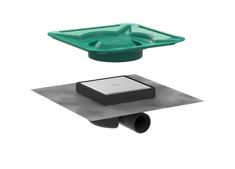 Wpust podłogowy Hansgrohe raindrain Spot z kwadratowym rusztem ze stali nierdzewnej 15 x 15 cm w wykończeniu szczotkowanym.
