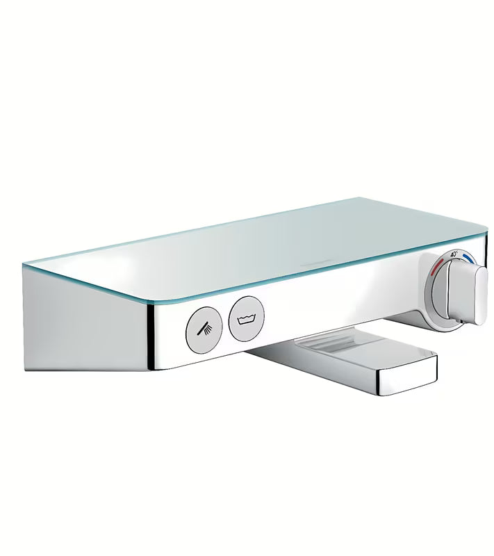Hansgrohe showertablet Select 300 termostatyczna bateria wannowa w kolorze białym i chrom z szklaną półką
