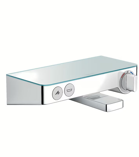 Hansgrohe showertablet Select 300 termostatyczna bateria wannowa w kolorze białym i chrom z szklaną półką