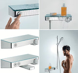 Hansgrohe showertablet Select 300 termostatyczna bateria wannowa w kolorze białym i chrom z szklaną półką