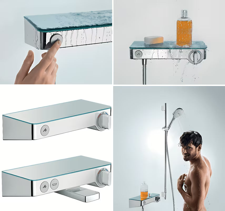 Hansgrohe showertablet Select 300 termostatyczna bateria wannowa w kolorze białym i chrom z szklaną półką