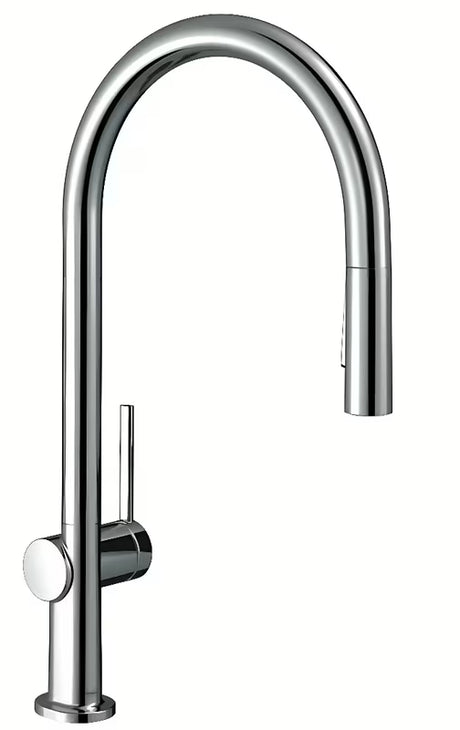 Chromowana jednouchwytowa bateria zlewozmywakowa Hansgrohe Talis s z wysoką, łukową wylewką i wyciąganą wylewką prysznicową