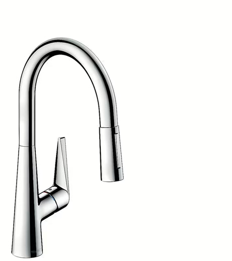 Chromowana bateria zlewozmywakowa Hansgrohe Talis s z wyciąganą wylewką natryskową i przełączaniem między strumieniem laminarnym a prysznicowym.