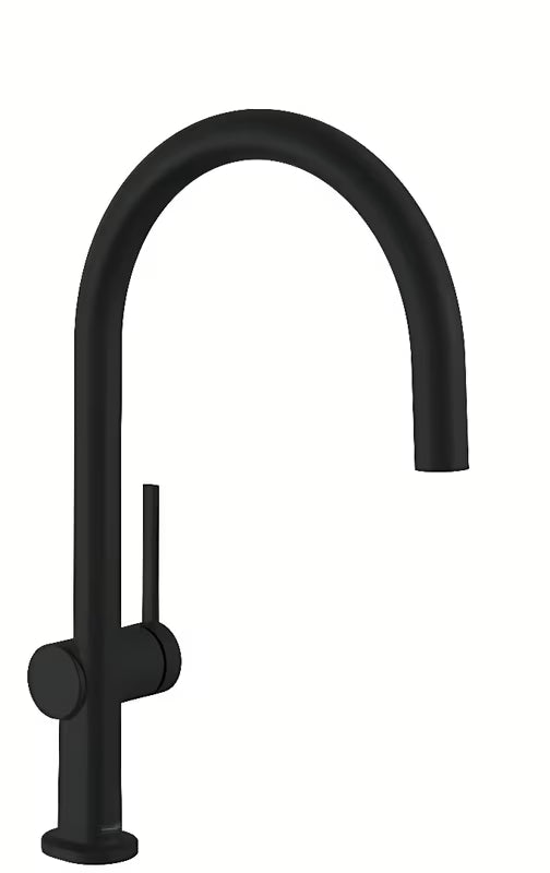 Matowoczarna bateria zlewozmywakowa Hansgrohe Talis s z dźwignią i obrotową wylewką o zaokrąglonym designie.