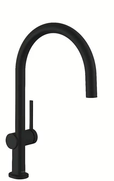 Matowoczarna bateria zlewozmywakowa Hansgrohe Talis s z dźwignią i obrotową wylewką o zaokrąglonym designie.