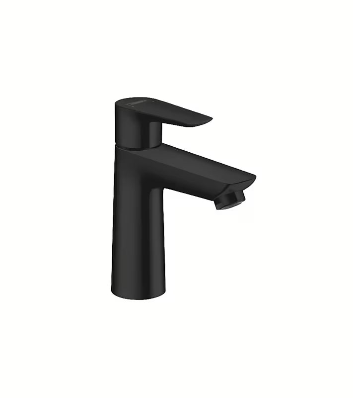 Bateria umywalkowa jednouchwytowa Hansgrohe Talis E 110 z odpływem w kolorze matowej czerni.