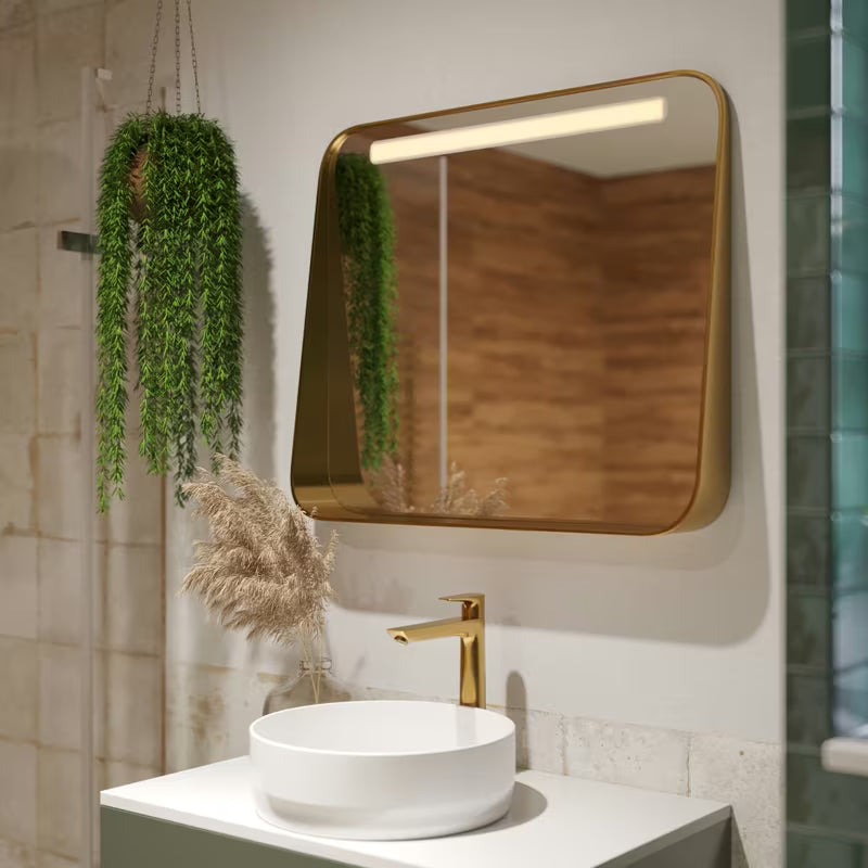 Wysoka bateria umywalkowa Hansgrohe Talis E w wykończeniu Cool Sunrise o wyglądzie polerowanego złota z odpływem