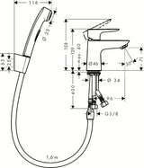 Chromowana jednouchwytowa bateria umywalkowa Hansgrohe Talis E z prysznicem bidetowym i korkiem Push-Open.