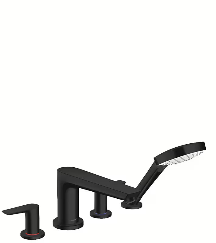 Hansgrohe Talis E czterootworowa bateria wannowa na brzeg wanny w matowej czerni z prysznicem