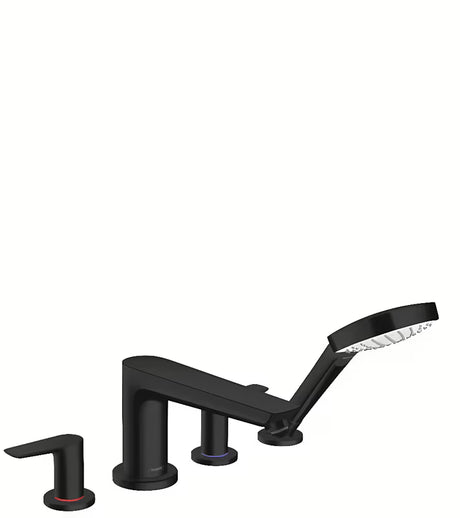 Hansgrohe Talis E czterootworowa bateria wannowa na brzeg wanny w matowej czerni z prysznicem