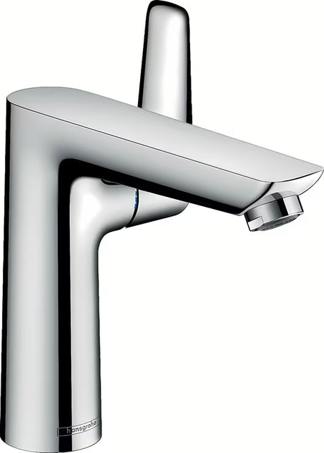 Chromowana jednouchwytowa bateria umywalkowa Hansgrohe Talis E 150 z odpływem i drążkiem.