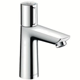 Chromowana bateria umywalkowa Hansgrohe Talis Select E z przyciskiem Select i korkiem spustowym z cięgłem