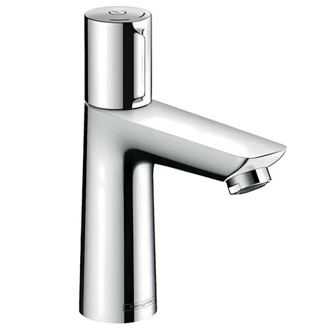 Chromowana bateria umywalkowa Hansgrohe Talis Select E z przyciskiem Select i korkiem spustowym z cięgłem
