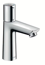 Chromowana bateria umywalkowa Hansgrohe Talis Select E z przyciskiem Select i nowoczesnym, kanciastym designem.