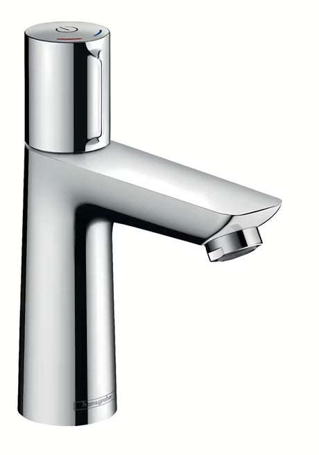 Chromowana bateria umywalkowa Hansgrohe Talis Select E z przyciskiem Select i nowoczesnym, kanciastym designem.