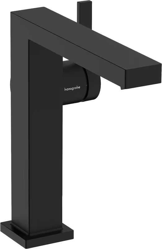 Matowo czarna jednouchwytowa bateria umywalkowa Hansgrohe Tecturis E z boczną dźwignią i kwadratowym wzornictwem.