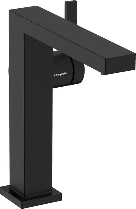 Matowo czarna jednouchwytowa bateria umywalkowa Hansgrohe Tecturis E z boczną dźwignią i kwadratowym wzornictwem.