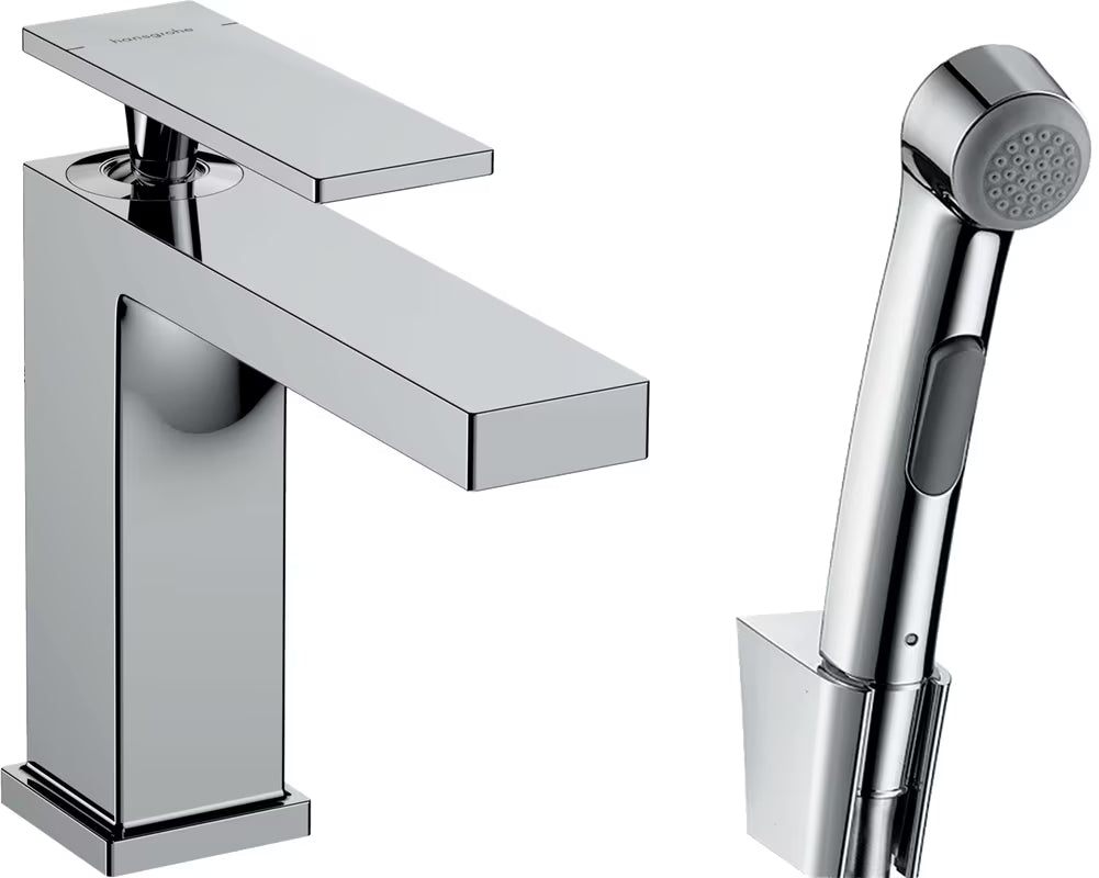 Chromowana bateria umywalkowa hansgrohe Tecturis E z bidettą i wężem