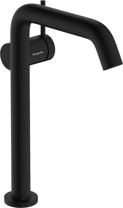 Wysoka bateria umywalkowa hansgrohe Tecturis S w matowej czerni z boczną dźwignią i korkiem Push open.