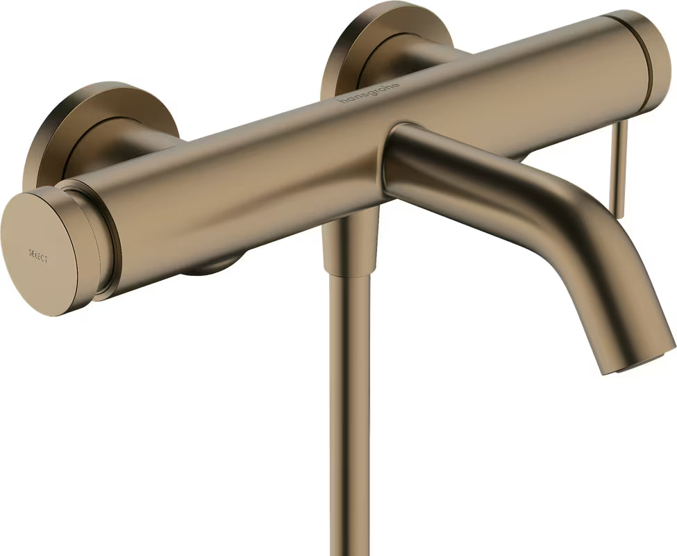Ścienna jednouchwytowa bateria wannowa hansgrohe Tecturis S w wykończeniu szczotkowany brąz z przyciskiem Select.