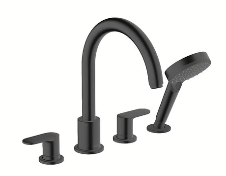Hansgrohe Vernis Blend bateria z kurkami bateria wannowa na brzeg wanny z prysznicem w matowej czerni.