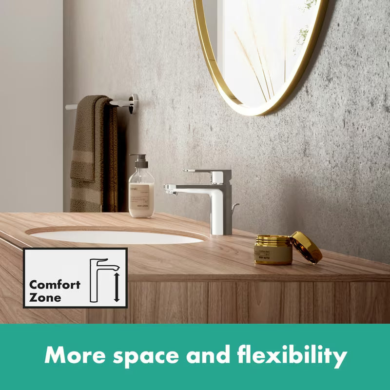 Chromowana jednouchwytowa bateria umywalkowa hansgrohe Vernis Blend z odpływem z korkiem cięgnowym