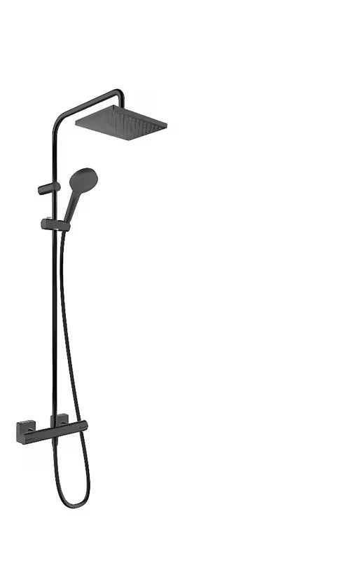 Hansgrohe Vernis Shape system prysznicowy z baterią termostatyczną w matowej czerni z deszczownicą i słuchawką prysznicową