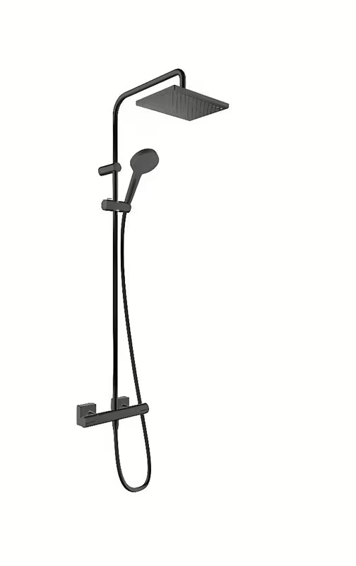 Hansgrohe Vernis Shape system prysznicowy z baterią termostatyczną w kolorze czarny mat z deszczownicą i rączką prysznicową.