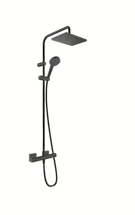 Hansgrohe Vernis Shape system prysznicowy z baterią termostatyczną w kolorze czarny mat z deszczownicą i rączką prysznicową.